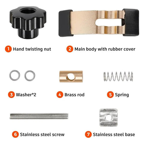 Components of the Beefy 2 Pack Mini Hold Down Clamp Kit for CNC Routers, showcasing various parts like hand twisting nut and brass rod.