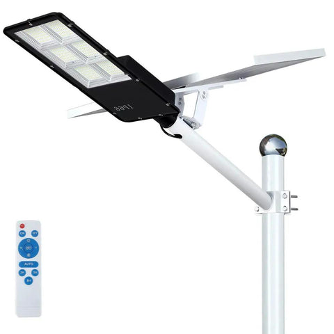 Beast Mode Bright 300W Solar Street Light With Remote Control, Dusk To Dawn Outdoor Pole Light, mounted on white pole with remote