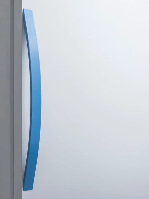 Built Tough 14.83 Cubic Feet Upright All Freezer For Vaccine Storage With Dependable Data Logger And No Sweat Thermostat Controls Right Hand Door Swing Smooth White Cabinet Complete, blue handle close-up.