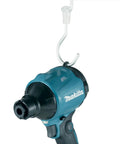 Bad Boy 18V Cordless Blower And Vacuum With Slick Nozzle Swap, showing blue design and hanging hook for easy storage.
