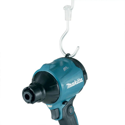 Bad Boy 18V Cordless Blower And Vacuum With Slick Nozzle Swap, showing blue design and hanging hook for easy storage.