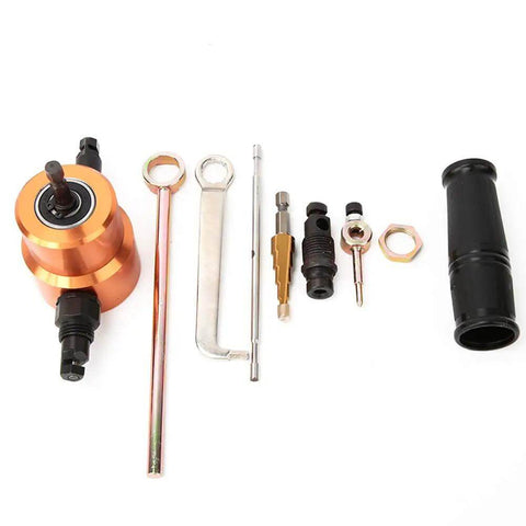 Pro Grade 360 Degree Double Head Sheet Metal Nibbler Drill Attachment parts and accessories laid out, fits power drills 1500 to 3000 RPM