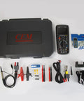 Handheld Digital Oscilloscope Multimeter 3 In 1 with Bluetooth Interface shown with accessories, case, and LCD