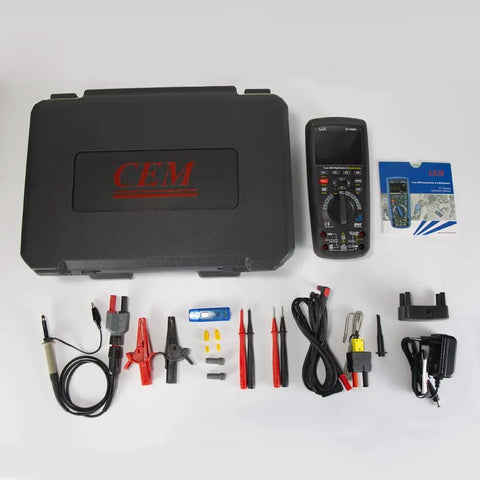 Handheld Digital Oscilloscope Multimeter 3 In 1 with Bluetooth Interface shown with accessories, case, and LCD