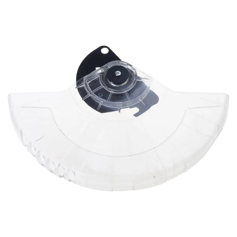 Covered Miter Cut Defense Tool With Anti Splash Guard for cutting machines, clear polycarbonate shield blocking debris, top view