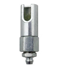 Front view of push-on slotted right-angle grease coupler, metal chrome body.