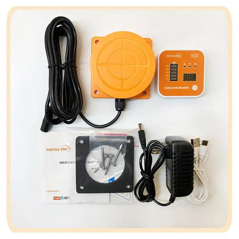 Smart WiFi Water Level Sensor For Tanks And Oil Tanks, Ultrasonic Tank Gauge With Remote Monitoring displayed with accessories