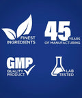 Image showing text and icons: 'Finest Ingredients,' '45 Years of Manufacturing,' 'GMP Quality Product,' and 'Lab Tested' on blue background.