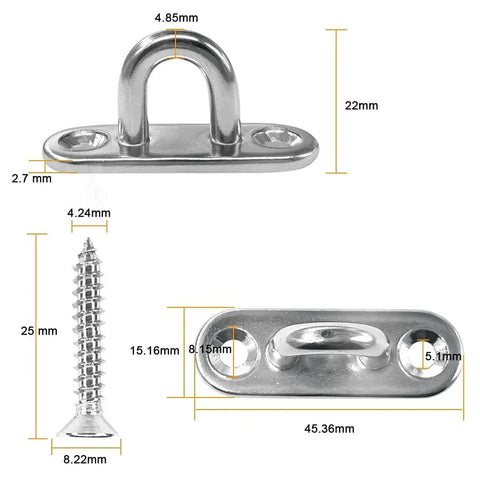 Dimensions of 1.8 Inch Stainless Steel Pad Eye Plate U Hooks And Snap Hooks Marine Hardware Kit, 8 Pack With Screws shown