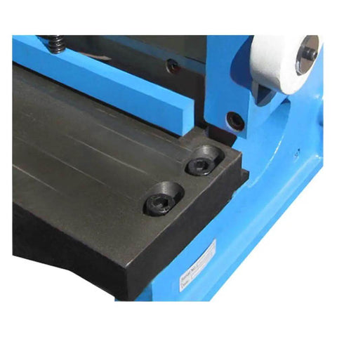 Close-up of 3-In-1 Sheet Metal Shear, Finger Pan, Box Brake Bender, and Slip Roll for 40 Inch Sheets, 16 Gauge Capacity, showing metal platform