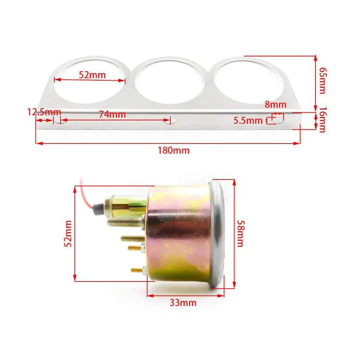 Bracket and component from 2-Inch Triple Gauge Kit With Volt, Water Temp, And Oil Pressure Gauges - Chrome Mechanical Gauges.