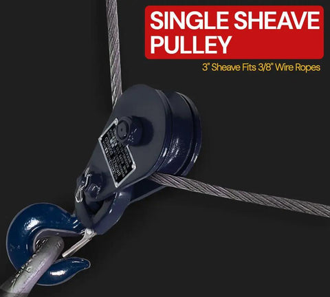 Heavy Duty Snatch Block With Hook, 3 Ton Working Load Limit, Three Inch Sheave, Three Eighths Inch Wire Rope, Wrecker Roll Back Recovery Gear, Steel Construction, Blue Powder Coat Finish, single sheave pulley on wire rope