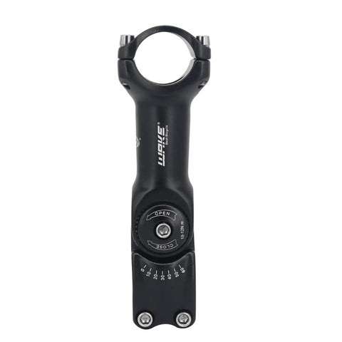 Front view of Rugged Alloy Bike Stem With 0 To 60 Degree Adjustable Angle Fits 25.4 And 31.8 Handlebar Clamps 90mm 110mm 130mm Length