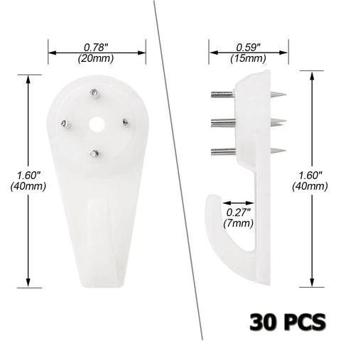 Heavy Duty Picture Hooks For Concrete Walls Zero Drilling Hassle 30 Pack showing plastic hook dimensions and steel pins.