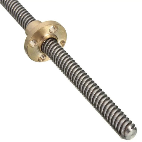 Kickass T20 Lead Screw For 3D Printers, stainless steel threaded rod with copper nut, 20mm diameter, 4mm pitch.