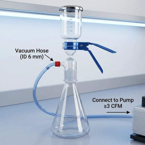 Glass Vacuum Filtration Set With 1000 mL Flask And 300 mL Funnel, 10 Micron Pore For Lab Liquid Clarification, setup on a lab bench