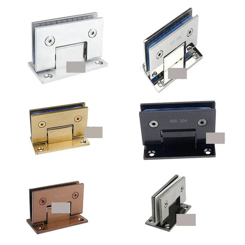 Ridiculously Tough Two Pack 304 Stainless Steel Frameless Glass Door Hinges showcasing various finishes and angles for easy mounting.