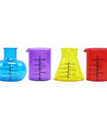 Beaker And Flask Shot Glass Set 4 Piece Plastic Lab Style Drinkware With Yellow Erlenmeyer And Blue Round Bottom Flasks And Two Beakers