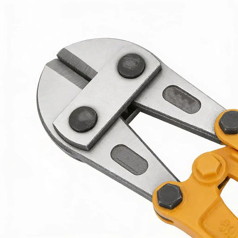 Close-up of the heavy duty 30 inch bolt cutter steel jaws and ergonomic non-slip handle for cutting padlocks and chains.