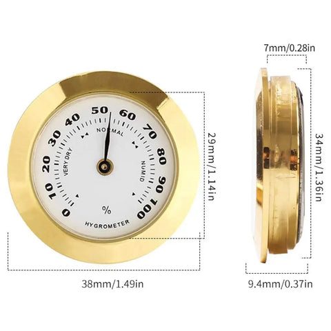 38mm Round Glass Analog Hygrometer With Probe For Humidors Guitars And Violins Mini Humidity Meter Must Have For Accurate Readings And Moisture Monitoring Of Instruments And Other Moisture Sensitive Gear, gold finish