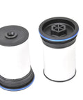 Two cylindrical filters from GM Genuine Parts TP1007 Fuel Filter Kit With Covers And Seals For Reliable Engine Protection And Peak Performance