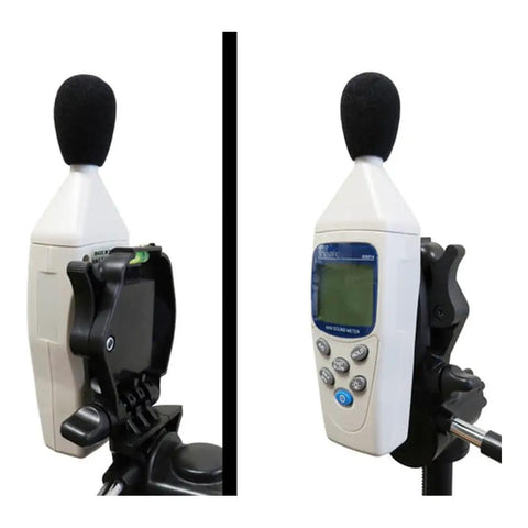 Pocket Sized Mini Sound Level Meter With Auto Range 30 To 130 dB 0.1 dB Resolution mounted on a stand.