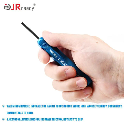 Hand holding DRK series tool, part of Tube Type Pin Extractor Tool Set For AMP.062in Pins And Socket Connectors And Molex.062in And.093in Pins Male And Female Terminal Removal Kit 2 Piece
