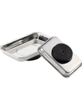 Two stainless steel trays from Eight Piece Rectangle Magnetic Tray Set Stainless Steel Tool Trays For Screws Sockets Bolts Pins Nails And Small Parts Holder For Mechanics And Automotive Workbenches showing underside and top view.