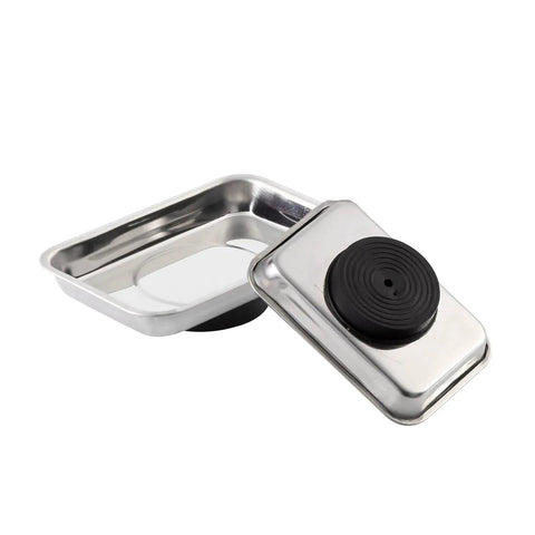 Two stainless steel trays from Eight Piece Rectangle Magnetic Tray Set Stainless Steel Tool Trays For Screws Sockets Bolts Pins Nails And Small Parts Holder For Mechanics And Automotive Workbenches showing underside and top view.
