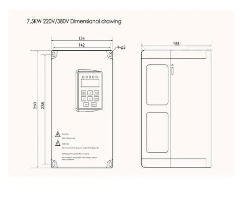 7.5KW 220V/380V dimensional drawing of a control unit for Heavy Duty Water Cooled BT30 CNC Spindle Motor.