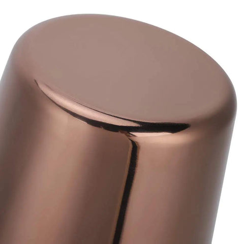 Top view of the sleek, rose gold upper cup of the Heavy Duty 304 Stainless Steel Cocktail Shaker Set And Bartender Kit With Slick Mirror Polish For Top Shelf Mixology Drinks And Chilled Iced Coffee Bar Gear That Really Slaps At Weekends.