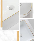 USZWBY Bathroom Vessel Sink Modern Ceramic Vessel Bowl Sink in Decor Golden Top Mount Bathroom Sinks Above Counter Rectangle Vanity Countertop Sink Bowl, WHI close-up of glossy bowl edge and faucet hole.