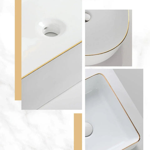 USZWBY Bathroom Vessel Sink Modern Ceramic Vessel Bowl Sink in Decor Golden Top Mount Bathroom Sinks Above Counter Rectangle Vanity Countertop Sink Bowl, WHI close-up of glossy bowl edge and faucet hole.