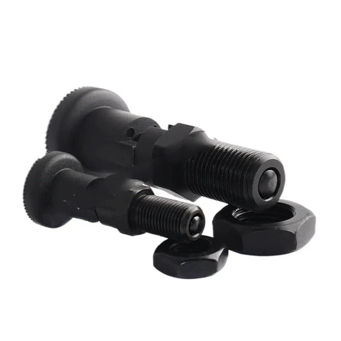 Built Tough Self Locking Return Indexing Pin Plunger With Sturdy Black Plastic Knob showing two black indexing pins and nuts.