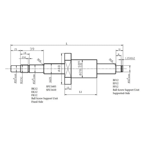Smooth Running Ballscrew RM1605 Kit 350mm Long With Machined Ends Plus BK And BF12 Housing Supports And SFU1605 Coupler For High Load DIY Projects technical drawing