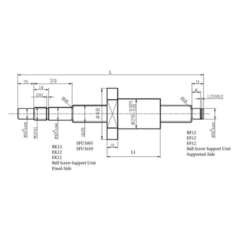 Get Your Smooth High Load Ballscrew Kit RM1605 With 550mm Travel Plus End Machined Support Housing BKBF12 And SFU1605 Coupler For Pro Machining Jobs, technical drawing