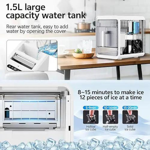 1.5L large capacity water tank of Compact Countertop Nugget Ice Maker Slaps Out Fresh Ice In Ten Minutes for easy refilling.