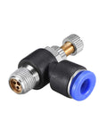 Close-up of Push To Connect Pneumatic Air Flow Control Valve Elbow Fitting 6mm OD To G1 8 Male Thread Speed Controller Blue