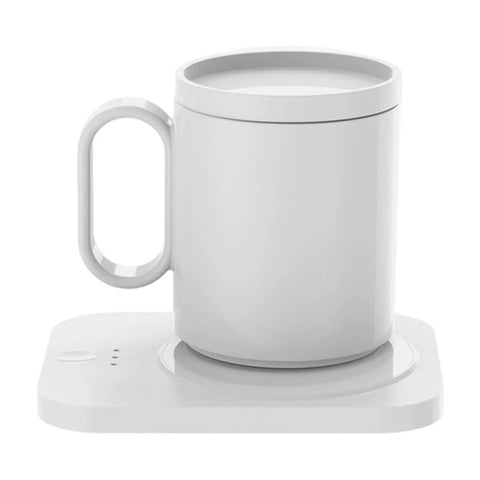 Versatile Electric Cup Warmer With Three Distinct Temperature Levels, sleek white ceramic base with a mug on heated platter.