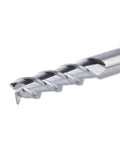 Close-up of One Eighth Inch Aluminum End Mills Three Flute Flat Top Cnc Spiral Router Bits Upcut For Aluminum And Non Ferrous Metals Beefy.