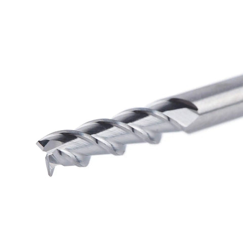 Close-up of One Eighth Inch Aluminum End Mills Three Flute Flat Top Cnc Spiral Router Bits Upcut For Aluminum And Non Ferrous Metals Beefy.