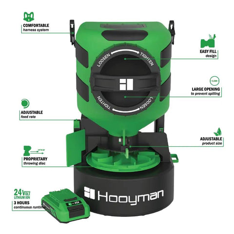 Front view of Lithium Ion Chest Spreader With Harness System, Adjustable Feed Rate, 24 Volt Power, 35 Pound Hopper, Spill Proof Fill