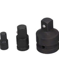 Three pieces from Eight Piece Pneumatic Sleeve Adapter Set Double Ended Socket Reducers For Quick Vehicle Repairs Three Eighths To One Quarter Inch And One Half To Three Quarters Inch Size Transitions In One Kit Chrome Vanadium Steel With Handy Toolbox