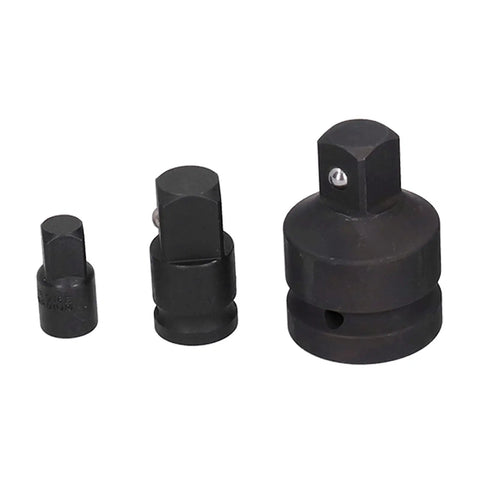 Three pieces from Eight Piece Pneumatic Sleeve Adapter Set Double Ended Socket Reducers For Quick Vehicle Repairs Three Eighths To One Quarter Inch And One Half To Three Quarters Inch Size Transitions In One Kit Chrome Vanadium Steel With Handy Toolbox