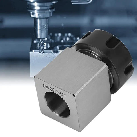 Heavy Duty Square Collet Chuck Fits ER25 For CNC Lathe Tool Holder Made From Carbon Steel in close-up with machine background.