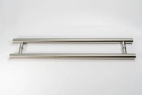 36-Inch Dope Modern Stainless Steel Door Handles In Brushed Nickel Finish With Solid Mounting Standoffs For Interior And Exterior Doors Push-Pull Door Bar For Commercial Or Barn Doors Round Shape, two-sided view