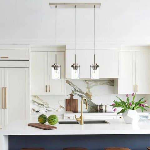 Black Island Pendant Lighting 5 Light Farmhouse Rectangle Linear Chandeliers With Clear Glass Shades over kitchen island