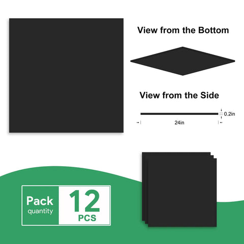 Smooth Black Drop Ceiling Tile 2x2 Foot PVC Waterproof Washable and Fire Rated, pack of 12 with bottom and side views.
