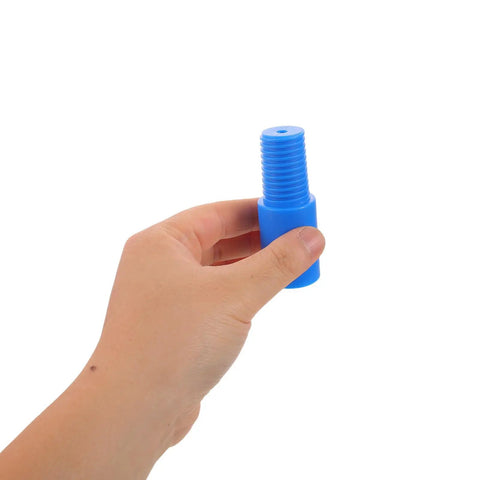 Hand holding blue threaded plastic end tip for Three Piece Mop Handle Threaded End Tips Kit For Wood And Metal Poles Easy Install Extension Pole Adapter Replacement Parts For Brooms And Mops No Fuss Household Cleaning Tool