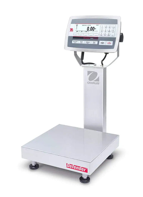 Heavy Duty Stainless Steel Washdown Bench Scale With Column 25 Pound Capacity High Precision NTEP Approved Digital Counting Scale on a factory floor.